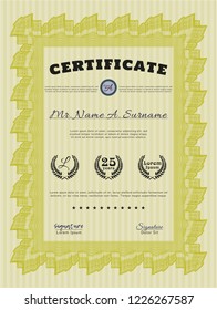 Yellow Diploma template or certificate template. With quality background. Detailed. Money Pattern design. 
