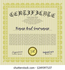 Yellow Diploma template or certificate template. Retro design. Detailed. With great quality guilloche pattern. 