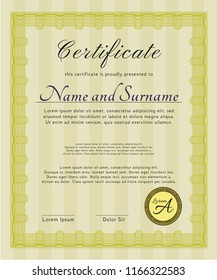 Yellow Diploma template or certificate template. Sophisticated design. Detailed. Easy to print. 