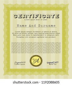 Yellow Diploma template or certificate template. Sophisticated design. With guilloche pattern. Customizable, Easy to edit and change colors. 