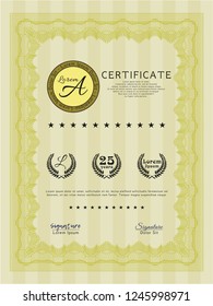 Yellow Diploma template or certificate template. Sophisticated design. Vector illustration. With great quality guilloche pattern. 