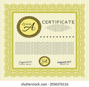 Yellow Diploma template or certificate template.  Sophisticated design.  With great quality guilloche pattern.  Customizable, Easy to edit and change colors. 