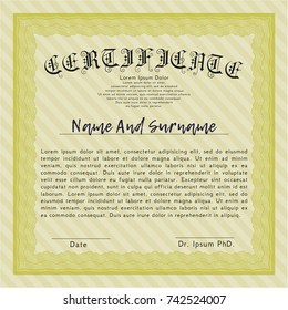 Yellow Diploma template or certificate template. Sophisticated design. With great quality guilloche pattern. Detailed. 