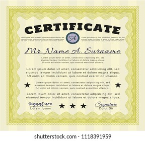 Yellow Diploma template or certificate template. Vector illustration. With guilloche pattern. Money Pattern design. 