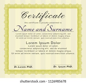 Yellow Diploma template or certificate template. Vector illustration. With linear background. Excellent design. 