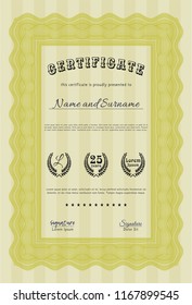 Yellow Diploma template or certificate template. Vector illustration. With background. Money style design. 
