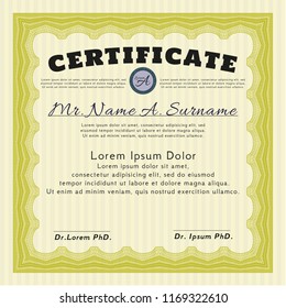Yellow Diploma template or certificate template. Vector illustration. With guilloche pattern and background. Retro design. 