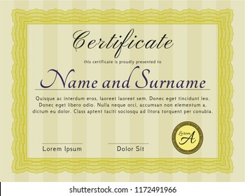 Yellow Diploma template or certificate template. Vector illustration. With complex linear background. Money design. 