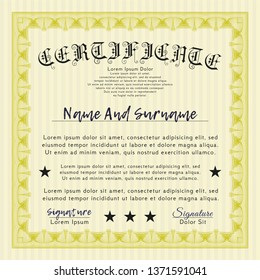 Yellow Diploma template or certificate template. Vector illustration. With quality background. Money style design. 