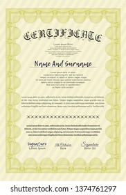Yellow Diploma template or certificate template. Vector illustration. Printer friendly. Money Pattern design. 