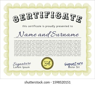 Yellow Diploma template or certificate template. Vector illustration. With great quality guilloche pattern. Modern design. 