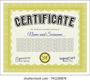 Yellow Diploma template or certificate template. Vector illustration. Printer friendly. Modern design. 