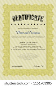 Yellow Diploma template. Complex background. Vector illustration. Excellent design. 