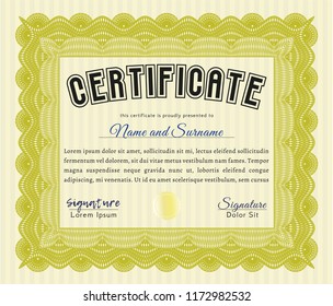 Yellow Diploma template. With complex background. Detailed. Money design. 