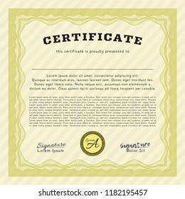 Yellow Diploma template. Complex background. Detailed. Cordial design. 