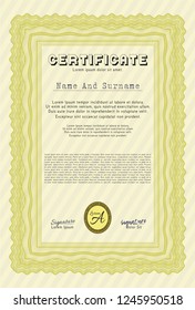 Yellow Diploma template. With complex linear background. Money Pattern. Vector illustration. 