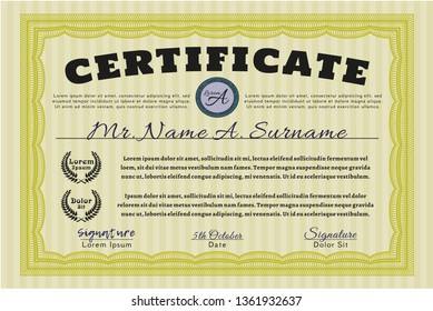 Yellow Diploma template. With complex linear background. Detailed. Superior design. 