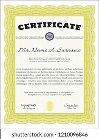 Yellow Diploma template. Cordial design. With great quality guilloche pattern. Customizable, Easy to edit and change colors. 