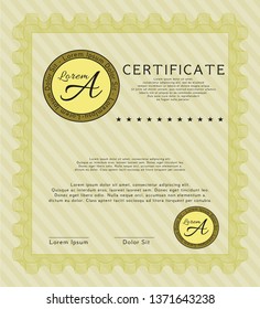 Yellow Diploma template. Detailed. With complex background. Money style design. 