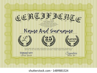 Yellow Diploma template. Detailed. With linear background. Elegant design. 