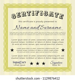 Yellow Diploma template. Elegant design. With great quality guilloche pattern. Vector illustration. 