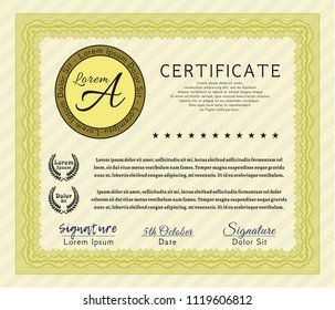 Yellow Diploma template. Excellent design. Printer friendly. Detailed. 