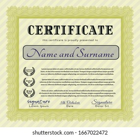 Yellow Diploma template. Good design. Detailed. With guilloche pattern. 