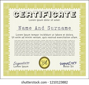 Yellow Diploma template. With great quality guilloche pattern. Customizable, Easy to edit and change colors. Good design. 