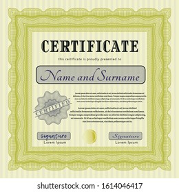 Yellow Diploma template. With great quality guilloche pattern. Vector illustration. Superior design. 