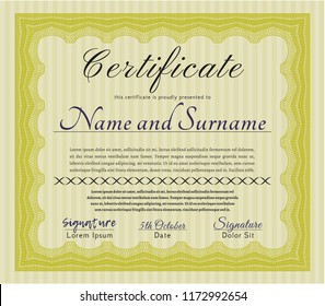 Yellow Diploma template. With guilloche pattern and background. Money style design. Vector illustration. 