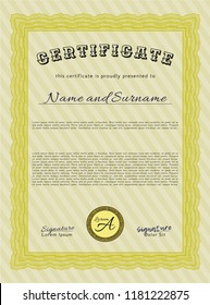 Yellow Diploma template. With guilloche pattern and background. Artistry design. Customizable, Easy to edit and change colors. 