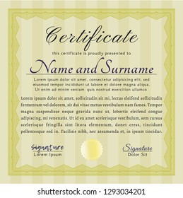 Yellow Diploma template. With guilloche pattern. Artistry design. Detailed. 