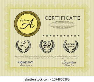 Yellow Diploma template. With guilloche pattern. Customizable, Easy to edit and change colors. Artistry design. 