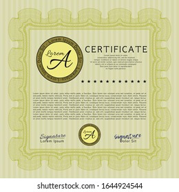 Plantilla de Diploma Amarillo. Con patrón guilloche y fondo. Diseño de patrón de dinero. Detallado. 