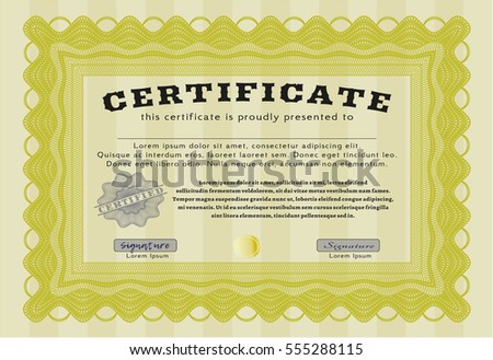 Yellow Diploma template. With guilloche pattern. Nice design. Detailed. 