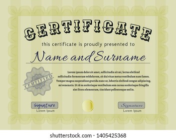 Yellow Diploma template. With linear background. Money Pattern design. Vector illustration. 