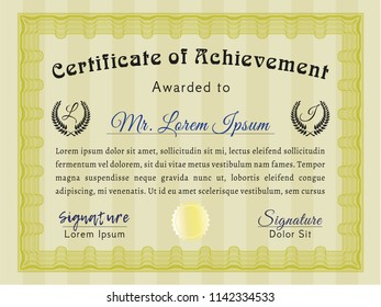 Yellow Diploma template. Money Pattern design. With complex linear background. Detailed. 