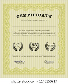 Yellow Diploma template. Money Pattern design. Complex background. Vector illustration. 