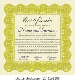 Yellow Diploma template. Money Pattern design. Complex background. Vector illustration. 