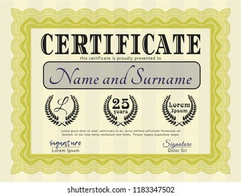 Yellow Diploma template. Money Pattern. Vector illustration. Printer friendly. 