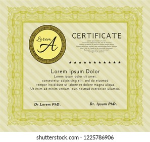 Yellow Diploma template. Money Pattern. Complex background. Detailed. 