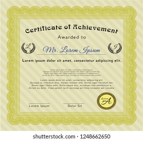 Yellow Diploma template. Money Pattern design. Complex background. Vector illustration. 