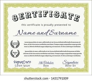 Yellow Diploma template. Money Pattern design. With guilloche pattern and background. Detailed. 