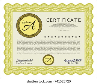 Yellow Diploma template. Money Pattern design. With linear background. Detailed. 