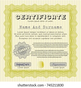 Yellow Diploma template. Money Pattern. Vector illustration. With guilloche pattern. 