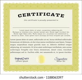 Yellow Diploma template. Printer friendly. Detailed. Money style design. 