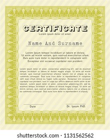 Yellow Diploma template. With quality background. Detailed. Money Pattern. 