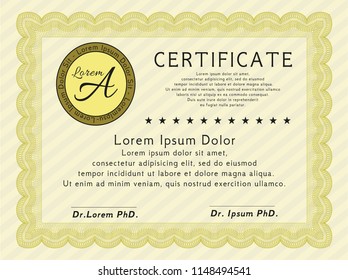 Yellow Diploma template. With quality background. Detailed. Lovely design. 