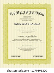 Yellow Diploma template. Retro design. Vector illustration. With great quality guilloche pattern. 