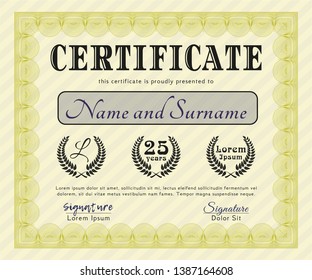 Yellow Diploma template. Retro design. Detailed. With great quality guilloche pattern. 